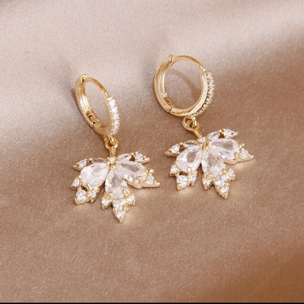 Jeweled Maple Leaf Red Diamond Gold Hoop Dainty Luxury Unique Gift Mini Earrings - Picture 4 of 5